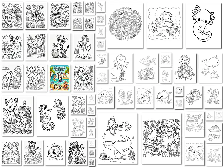Es una pantalla que muestra todos los diseños del libro para colorear "Animalitos en la Playa".