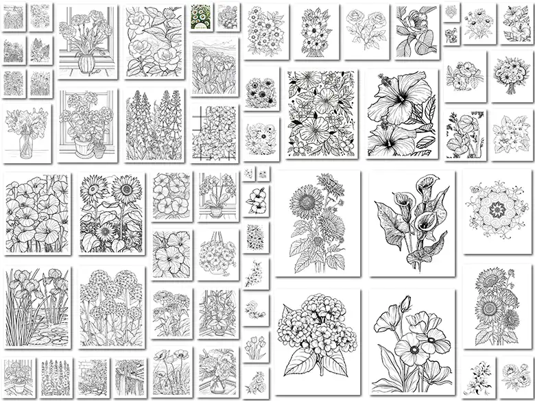 Es una pantalla que muestra todos los diseños del libro para colorear "Hermosas Flores".