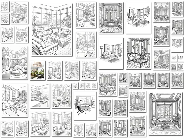 Es una pantalla que muestra todos los diseños del libro para colorear "Interiores de Lujo".