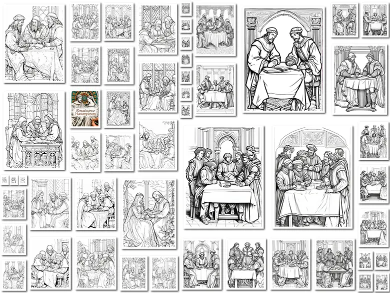 Es una pantalla que muestra todos los diseños del libro para colorear "Obras Maestras del Renacimiento".
