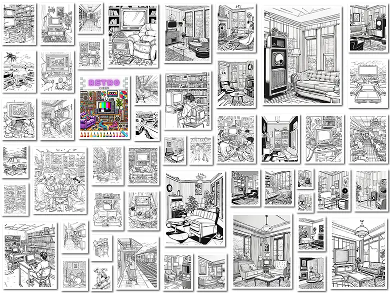 Es una pantalla que muestra todos los diseños del libro para colorear "Vibras Retro".