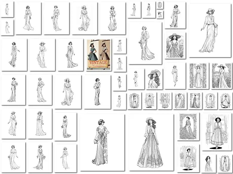 Es una pantalla que muestra todos los diseños del libro para colorear "Vintage Fashion".