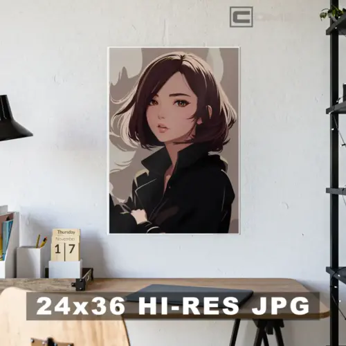 Imagen AI de Chica Noir en Estilo Anime (JPG 24”x36” de Alta Resolución)