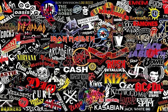 Varios logos de bandas y artistas musicales.